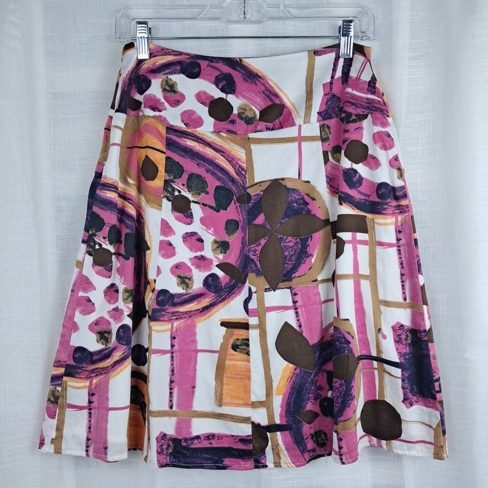 Tribal 4 Cotton A-Line Midi Skirt Lined Yoke Waist Pink Purple Boho Art to Wear - Picture 2 of 8